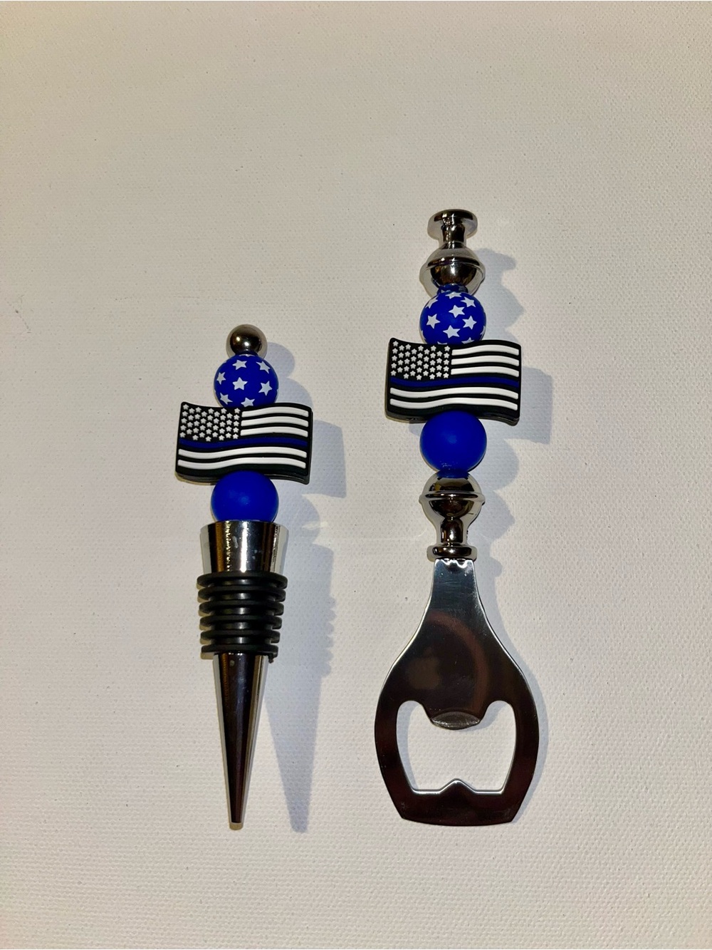 Patriotic “Back the Blue” Flag Black & Blue Wine Stopper & Bottle Opener Set